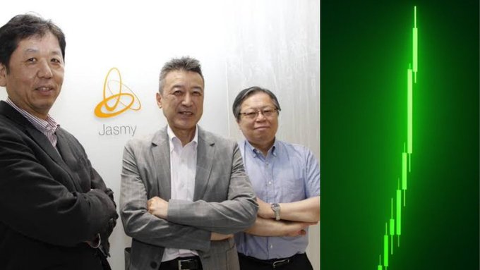 Three businessmen in business attire pose in front of a "Jasmy" logo, alongside a green price chart showing a dramatic upward spike. The image accompanies news of $JASMY wallets reaching millionaire status, visually reinforcing the token's explosive upward momentum with the rising chart graphic.