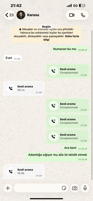 A WhatsApp chat with "Karasu" at 21:42 shows multiple unanswered voice calls between 21:20 and 21:24, with messages like "Numaran bu mu" (Is this your number), "Ara beni" (Call me), and "Adamliğa sığmıyor mu aile ile tehdit etmek" (Isn't it immoral to threaten with family), highlighting a confrontation related to the post's discussion about threats against the user's family.