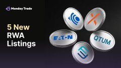 MondayTrade announces '5 New RWA Listings' featuring coins including Eaton (EATN) and Otium (OTUM).