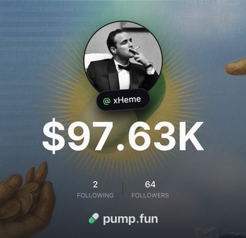 The image shows a social media profile for "@xHeme" on pump.fun, displaying a profile picture of a man smoking a cigar, with a market cap of $97.63K, 2 following, and 64 followers. This relates to the post about the user's trading challenge on the Pumpfun app, showcasing their profile metrics as they begin the onchain challenge.
