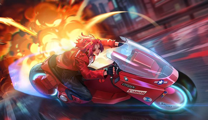 Anime-style artwork of a red-haired character riding a futuristic red motorcycle (with Canon and SHOEI branding) through an explosion-filled cityscape.