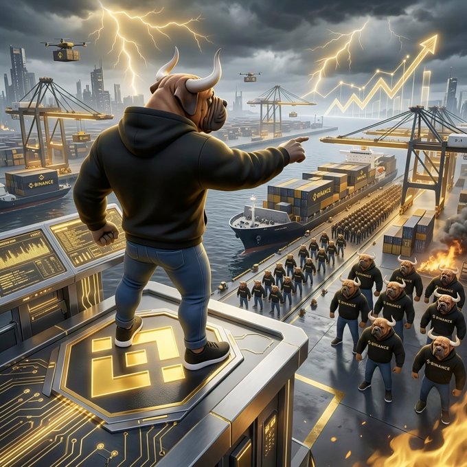 A digital illustration features a figure in a hoodie with a bull's head standing on a platform displaying a Binance logo, gesturing toward a port scene filled with Binance-branded shipping containers, a cargo ship, and an army of similarly-dressed bull-headed figures below.