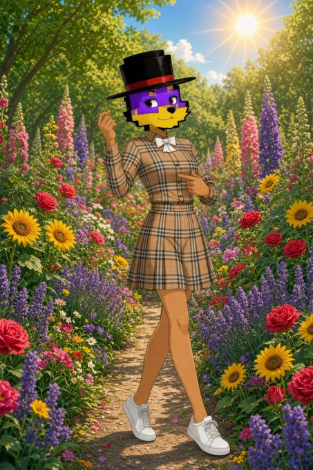An illustration of an anthropomorphic purple and yellow animal character wearing a plaid dress, white shoes, and a black top hat, standing on a path surrounded by colorful flowers.