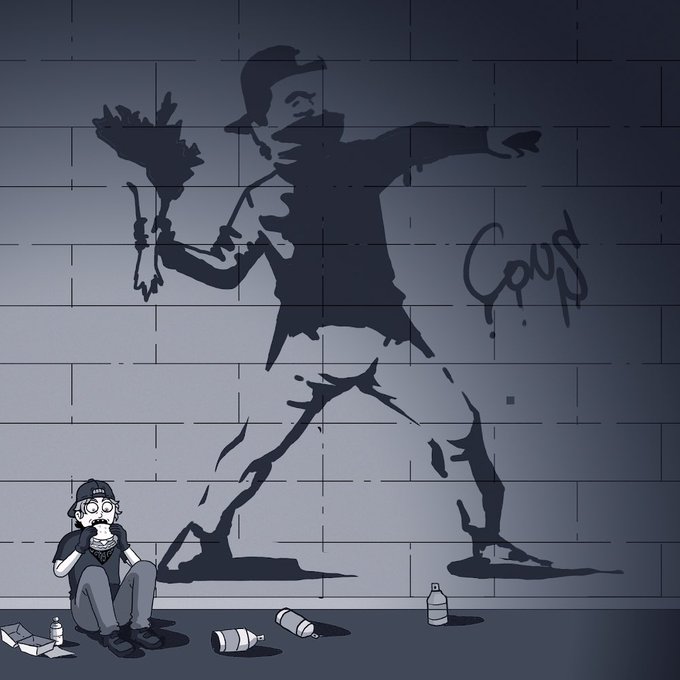 An illustration of a hooded child holding a skull, sitting against a brick wall with spray paint cans, next to a large shadow of a flower-throwing Banksy-style figure and the word 'COPS'.