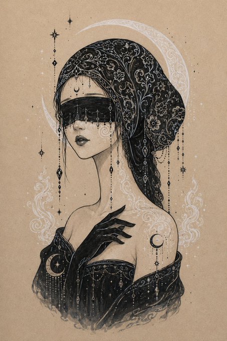 An intricate black and white illustration depicts a blindfolded woman wearing a patterned veil and a dark glove, surrounded by crescent moons, stars, and celestial motifs on a tan background.