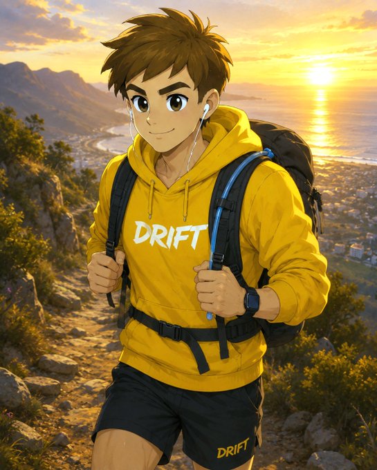 An anime-style illustration of a young man in a yellow "DRIFT" hoodie hiking with a backpack against a sunset coastal landscape.