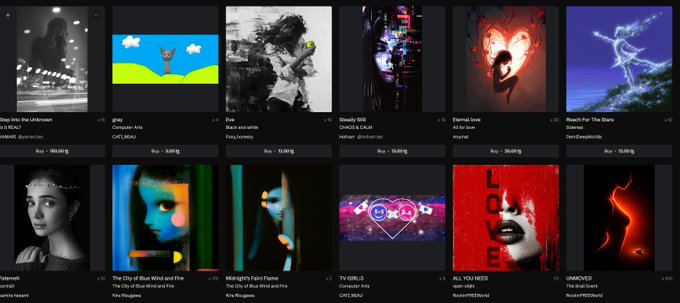 A Spotify or similar music streaming playlist interface displaying 12 album covers and song titles including 'Step into the Unknown,' 'Eve,' 'Sleazy IRL,' 'Eternal Love,' 'Reach For The Stars,' 'Elysium,' 'The City of Blue Wind and Fire,' 'Midnight's Paint Flame,' 'TV GIRLS,' 'ALL YOU NEED,' and 'UNMASKED.'