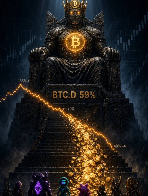 A dramatic digital artwork featuring a dark armored figure wearing a Bitcoin crown and chest emblem, seated on a throne with 'BTC.D 59%' displayed, surrounded by golden coins and crypto symbols including Ethereum and Solana.