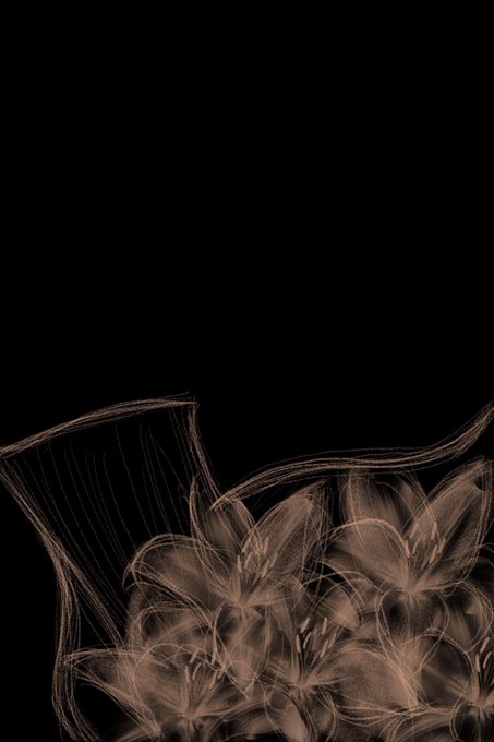 An abstract digital artwork with a black background features glowing copper-toned floral shapes at the bottom, resembling sketched lilies with sweeping, luminous lines.