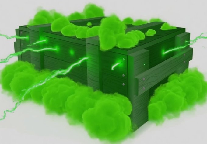 A green-tinted wooden crate is surrounded by glowing green smoke and electricity, suggesting a mysterious and powerful delivery. This visual metaphor aligns with the post's message of a fresh, radioactive "shipment" arriving on pump.fun, hinting at a new and unconventional crypto token that stands out from the typical dying coins.