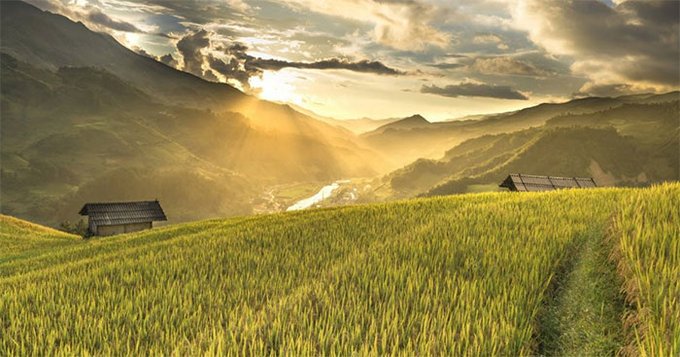 The image features a beautiful landscape with two rice fields under a cloudy sky at sunset. The sun is setting behind the mountains, casting a warm glow over the scene. In the foreground, there are two small houses nestled among the rice fields. The image also contains text that reads "GM CT! @TheARCTERMINAL: Ka Labs’ privacy-first decentralized AI OS: It powers intelligent agents with emotional awareness, DeFi capabilities and smooth multichain operations."