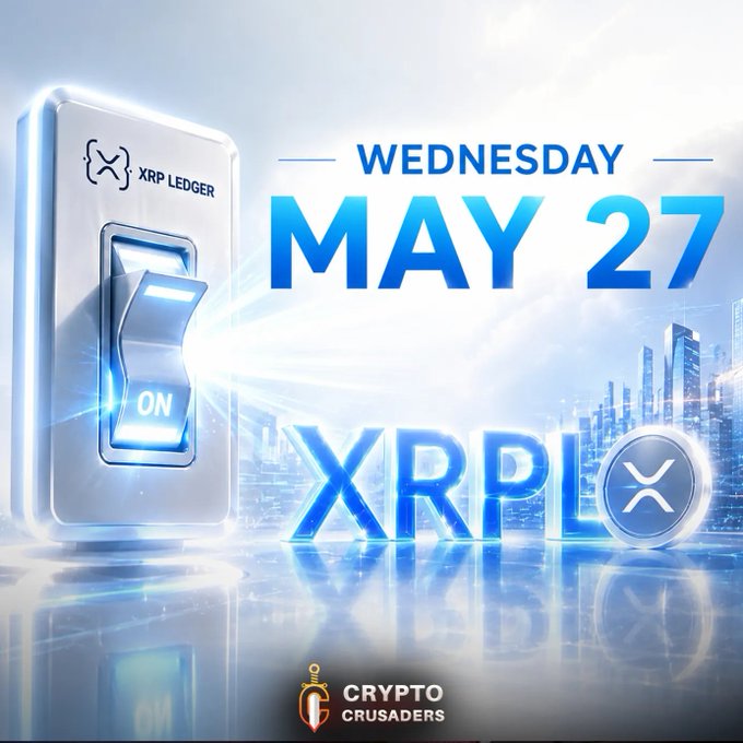 The image features a white light switch with blue letters that say "ON" above it, along with an XP Ledger logo and a city skyline backdrop. The text "Wednesday May 27" is also present in the image. This suggests that there might be an event or promotion related to the XP Ledger upgrade on May 27th.