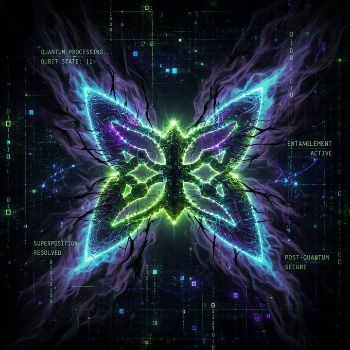 The image features a butterfly-like design with green, purple, blue, and white colors. The butterfly has a unique pattern resembling a code or a complex data structure. The background consists of black squares filled with various symbols and lines, creating an abstract and futuristic atmosphere. The caption below the image reads "Focus on what is in the image and how it relates to the post".
