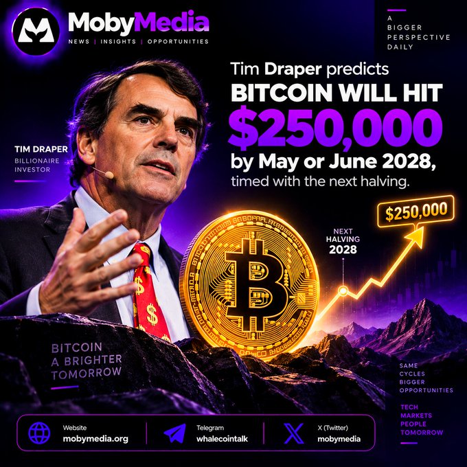 Moby Media promotional graphic featuring Tim Draper with the headline 'BITCOIN WILL HIT $250,000 by May or June 2028, timed with the next halving.'