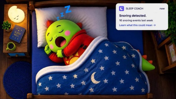A cartoon green character sleeps in bed under a starry blanket while a phone notification from 'SLEEP COACH' alerts 'Snoring detected. 16 snoring events last week. Learn what this could mean →'.