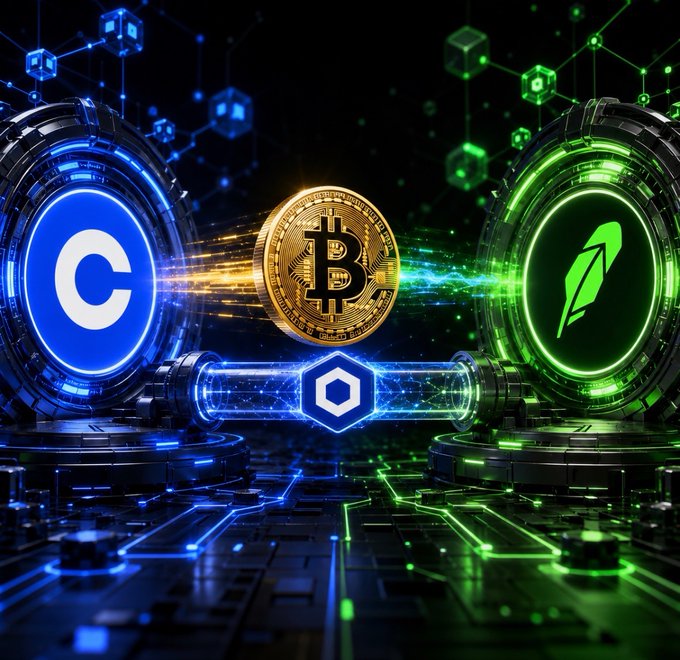 A glowing Bitcoin sits at the center between a blue Coinbase "C" logo and a green Robinhood feather logo, connected by a Chainlink hexagon in the middle—symbolizing the integration of cbBTC onto Robinhood Chain via Chainlink's infrastructure. The futuristic, tech-style composition visually reinforces the partnership enabling Bitcoin-backed assets across these platforms.