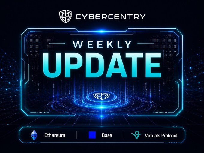 Promotional graphic for "Cybercentry Weekly Update" with a futuristic blue tech design, listing Ethereum, Base, and Virtuals Protocol at the bottom.