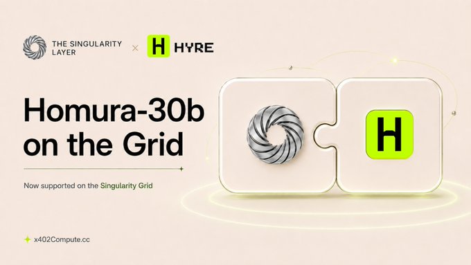 Promotional banner announcing 'Homura-30b on the Grid' partnership between 'THE SINGULARITY LAYER' and 'HYRE', now supported on the Singularity Grid at x402Compute.cc.