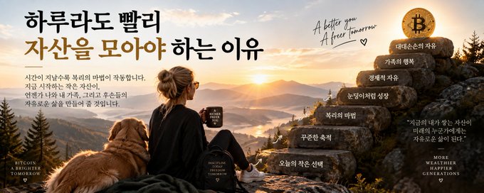 A Korean motivational image shows a woman with her dog sitting on a mountain at sunrise, drinking from a "A BETTER TOMORROW" mug, gazing at a stone pathway ascending toward a Bitcoin symbol labeled "재테크" (financial independence). Text translates to "Habits of the Day That Push Toward a Better Tomorrow" and lists positive actions like "재테크의 행복" (happiness from financial independence) and "오늘의 작은 선택" (today's small choices), aligning with the post's message about reading for personal inspiration.

Visible text includes: "하루라도 빨리 자산을 모아야 하는 이유" (Why you should build assets quickly), "DISCIPLINE TODAY, FREEDOM TOMORROW," "BITCOIN & BITGET TO KNOW," and "MORE DISCIPLINE = HAPPIER GENERATIONS."