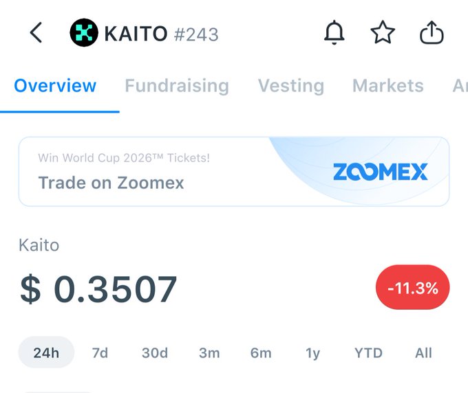 A cryptocurrency tracking app displays information for the token "KAITO #243" with a current price of $0.3507, showing a 24-hour decline of -11.3% and an advertisement for Zoomex.