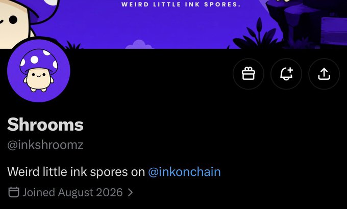 A social media profile for "Shrooms" (@inkshroomz) is displayed, featuring a cute purple mushroom character avatar and the tagline "Weird little ink spores on @inkonchain," joining in August 2026. The post announces the Ink Chain NFT Alpha project "Shrooms" launching on @inkonchain, with mint and supply details to be announced, suggesting potential investment opportunity.