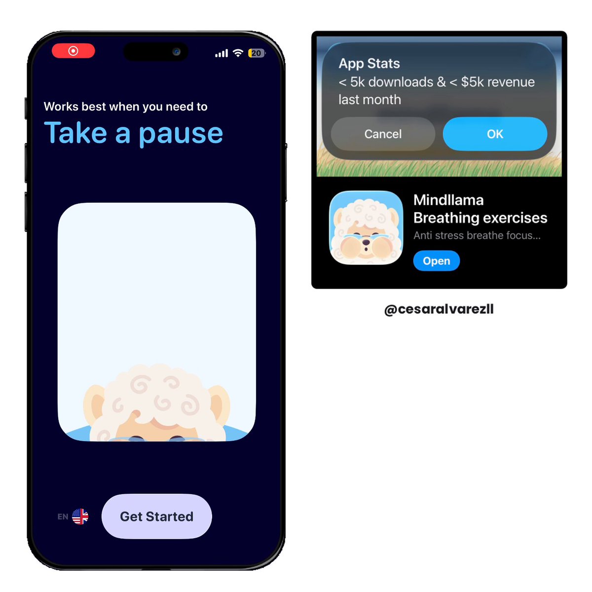 The image shows a cell phone screen displaying an app called "Llama Luna" that has a cute white sheep character as its mascot, along with some text about the app's features such as breathing exercises and goal setting. The background of the image is black, which contrasts with the white screen of the phone. There are no other objects or texts in the image besides the app and its description on the cell phone screen.