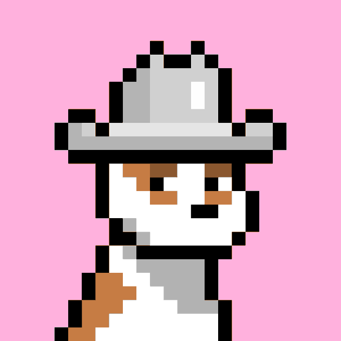 A pixel art illustration of a character with a brown mustache, brown eyebrows, and a white hat or head covering against a solid pink background.