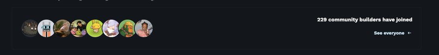 The image shows a row of user profile pictures alongside text reading "229 community builders have joined" and a "See everyone →" link, visually highlighting the community milestone referenced in the post celebrating 229 members joining the vibeathon community.