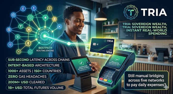 The image features a man using a tablet computer, likely a tablet with a cash register app installed, at a coffee shop or similar establishment. The man appears to be working on the device while interacting with customers. The scene also includes text that reads "gTria I have been testing the bestpath routing engine to escape the manual bridging nightmare @useTria is settling transactions across multiple chains in sub second latency the protocol has cleared over 200 million usd through this intent based architecture users can spend". This suggests that the man might be using a payment system like gTria, which allows for automatic payments and settlements of transactions.