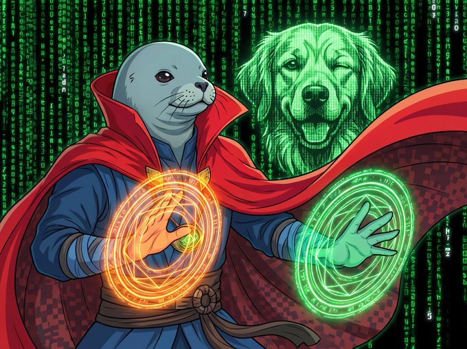 An illustration of a seal character dressed as Doctor Strange casting orange and green magic spells, with a smiling golden retriever's face floating in the Matrix-style code background.