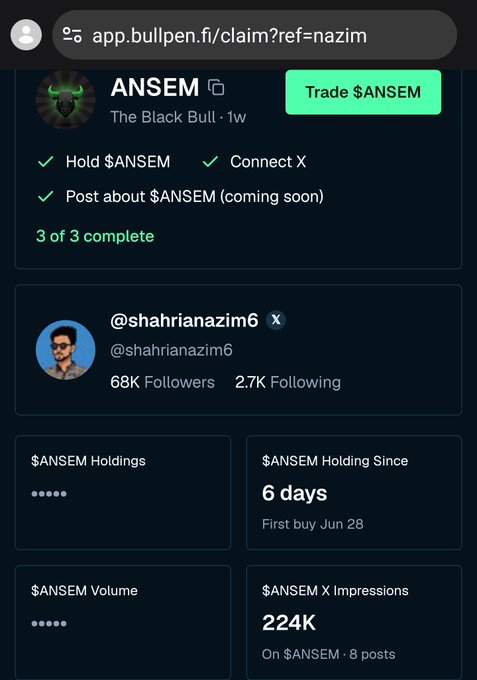 A bullpen.fi claim page for the token '$ANSEM - The Black Bull', showing a user named @shahrianazim6 (68K followers) with completed tasks to Hold $ANSEM, Connect X, and Post about $ANSEM.