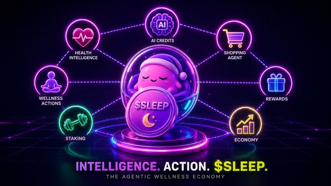 A neon-styled promotional graphic for '$SLEEP' token featuring a sleeping character surrounded by interconnected wellness icons (Health Intelligence, AI Credits, Shopping Agent, Rewards, Economy, Staking, Wellness Actions) with the tagline 'INTELLIGENCE. ACTION. $SLEEP. THE AGENTIC WELLNESS ECONOMY'.