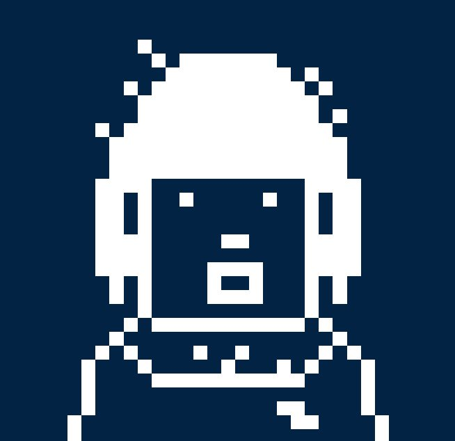 A pixel art portrait of a smiling face with headphones on a dark blue background.