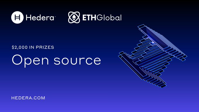 Promotional graphic for Hedera and ETHGlobal featuring "$2,000 IN PRIZES" for an "Open source" challenge, with HEDERA.COM displayed.