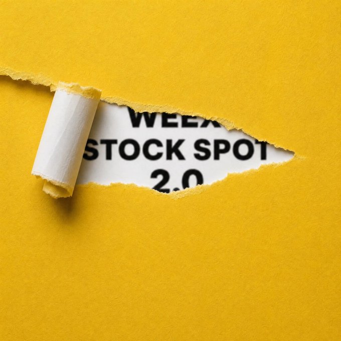 Graphic design of torn yellow paper revealing white underneath with the bold black text 'WEEK STOCK SPOT 2.0'.