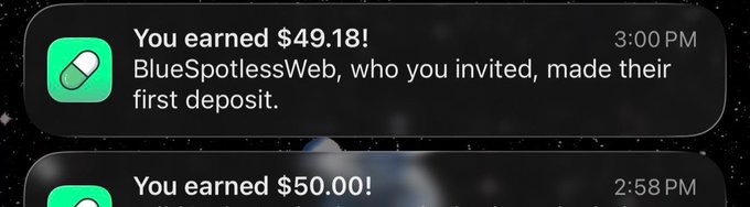 A smartphone screenshot shows push notifications from a rewards app indicating earnings of $49.18 at 3:00 PM and $50.00 at 2:58 PM from referral deposits.