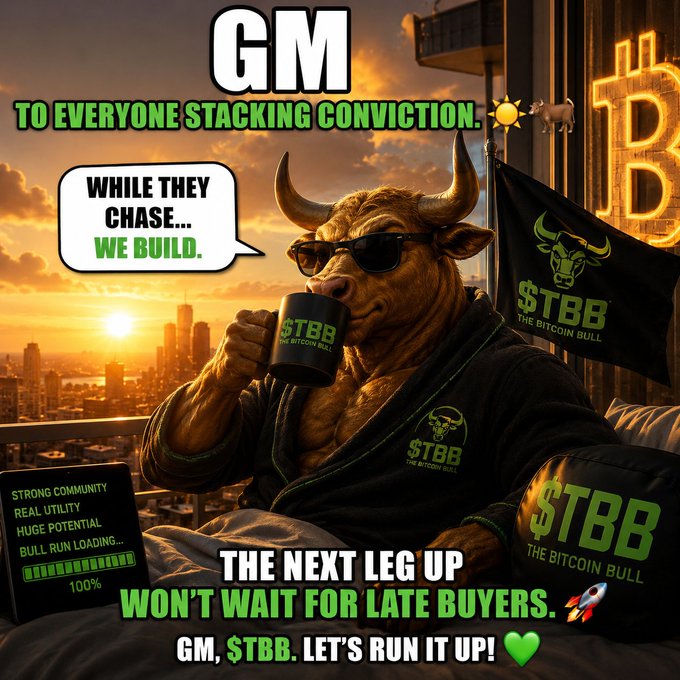 A promotional graphic featuring a bull wearing sunglasses and a robe, holding a '$TBB THE BITCOIN BULL' mug, with text reading 'GM TO EVERYONE STACKING CONVICTION', 'WHILE THEY CHASE... WE BUILD.', and 'THE NEXT LEG UP WON'T WAIT FOR LATE BUYERS. GM, $TBB. LET'S RUN IT UP!'