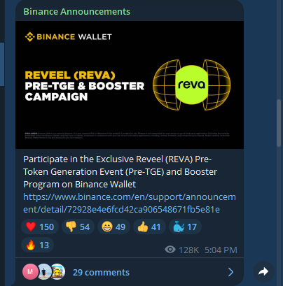 A Binance Announcements Telegram message promoting the 'REVEAL (REVA) PRE-TGE & BOOSTER CAMPAIGN' on Binance Wallet, with a link to the official announcement and 128K views, posted at 5:04 PM.
