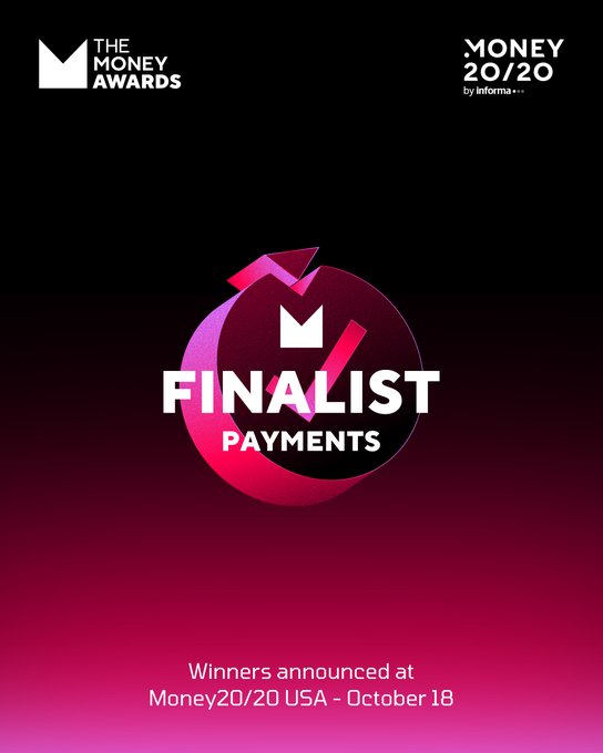 A graphic announcing a 'Finalist' for Payments at The Money Awards by Money 20/20 by Informa, with winners to be announced at Money20/20 USA on October 18.