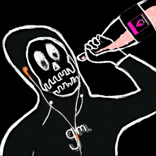 A stylized white line drawing on a black background depicts a hooded skeleton figure with "gm.." written on its chest, holding a bottle labeled "POWERADE" while pouring pink liquid.