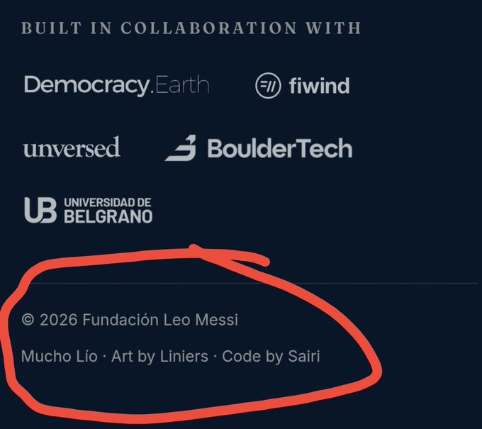 A credits screen with logos for Democracy.Earth, fiwind, unversed, BoulderTech, and Universidad de Belgrano, with a red circle hand-drawn around the text '© 2026 Fundación Leo Messi'.