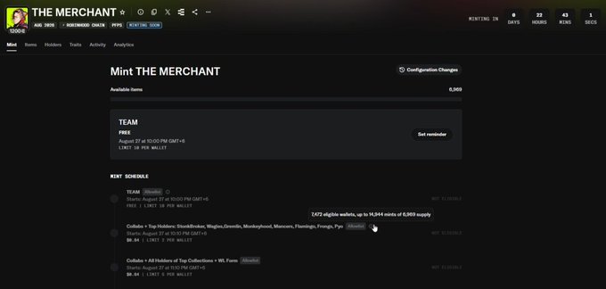 The image shows a NFT minting website called "THE MERCHANT" displaying a total supply of 6,969 items with 7,472 eligible wallets in the current mint phase. The page features a "Mint THE MERCHANT" interface with a single TEAM item available for 0.06 ETH, with the post suggesting the visible wallet count provides transparency against scam concerns.