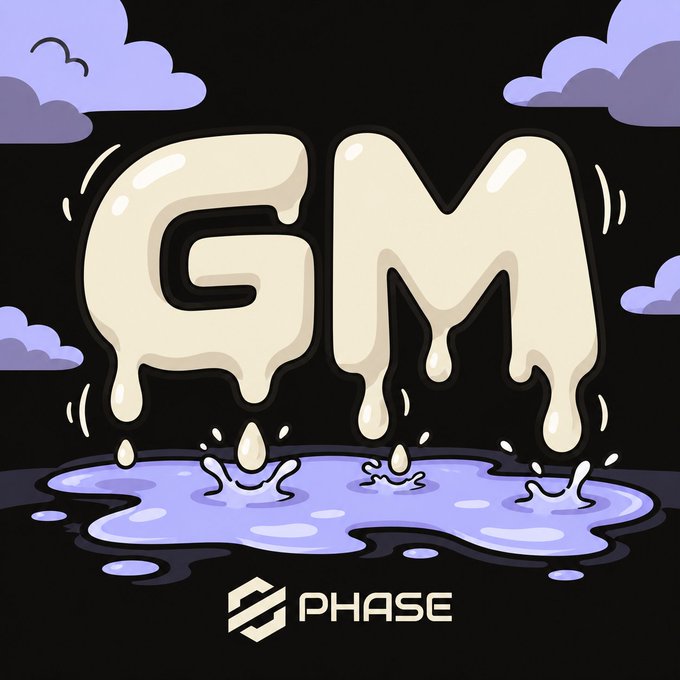 A graphic design featuring the dripping letters 'GM' in cream color over a black background with purple clouds and water, with 'PHASE' written at the bottom.
