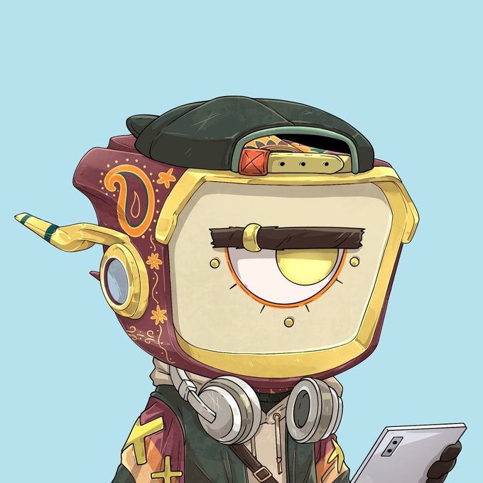 A pixel art illustration of a robotic character with a single yellow eye, wearing a backward cap and ornate armor, holding a smartphone.