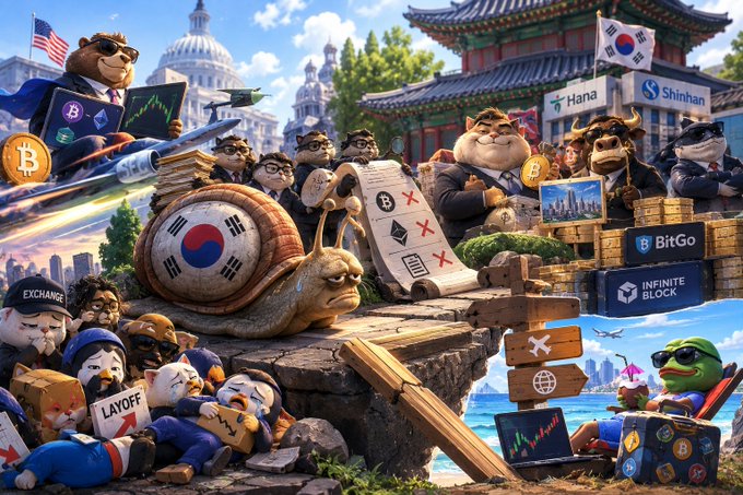 A busy cartoon collage featuring bull and bear mascots in business attire, Bitcoin and Korean flags, signs labeled 'Hana' and 'Shinhan', a snail with the Korean flag, and characters labeled 'LAYOFF' and 'EXCHANGE'.