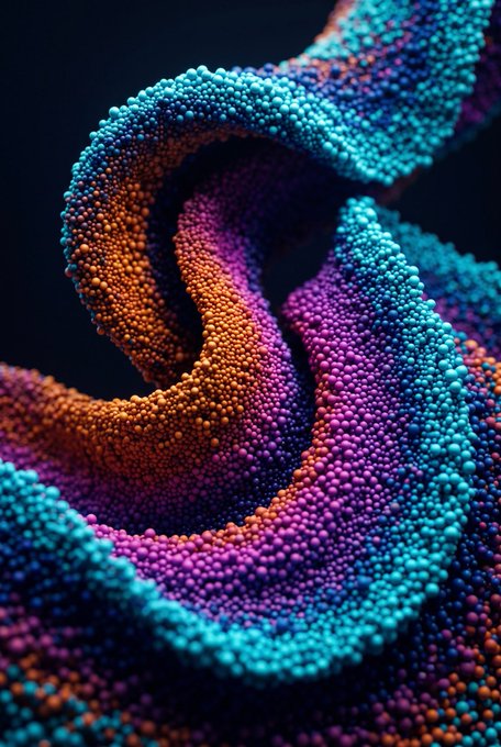 A vibrant abstract image showing a swirling, wave-like form made up of countless small spheres in a gradient of orange, purple, and cyan against a dark background.