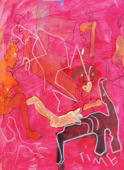A vibrant, expressionist painting in shades of red, pink, and orange depicting multiple abstract human figures, with the word 'TIME' written in the bottom right corner.