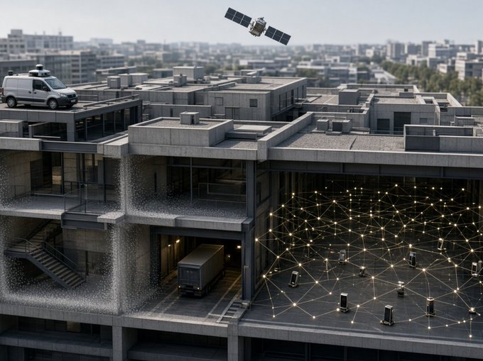 A massive multi-level concrete structure integrates dense networks of smartphones, autonomous vehicles, a satellite, and sensor-laden environments, illustrating how distributed physical hardware could enable ambient intelligence and continuous data capture across the built world. The image visually reinforces the argument that physical AI becomes "inevitable" not through a single breakthrough but through the already-deployed trillions of devices quietly weaving computation into everyday infrastructure.