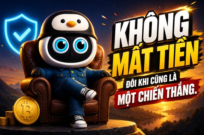 A promotional image features a penguin mascot wearing a penguin hat, sitting in a leather chair with a blue shield icon and a stack of Bitcoin coins, accompanied by the Vietnamese text 'KHÔNG MẤT TIỀN ĐÔI KHI CŨNG LÀ MỘT CHIẾN THẮNG'.