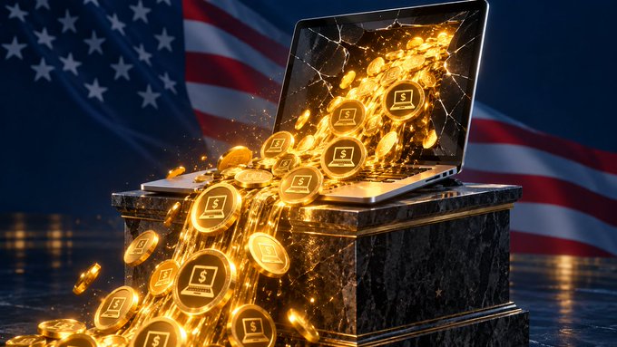 A digital illustration showing a laptop with a cracked screen pouring out gold coins stamped with dollar signs, set against a backdrop of the United States flag.